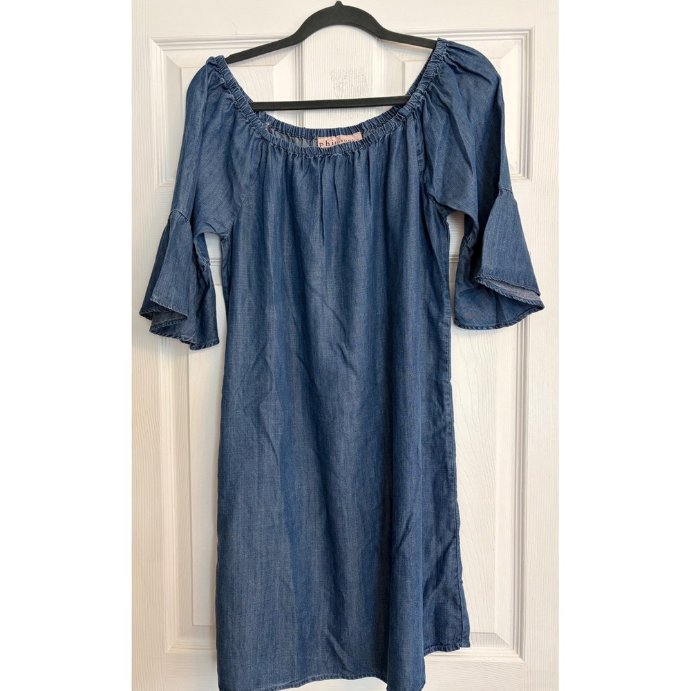 Philosophy‎ Petite Blue Tencel Lyocell Off Shoulder Bell Sleeve Dress PM Medium